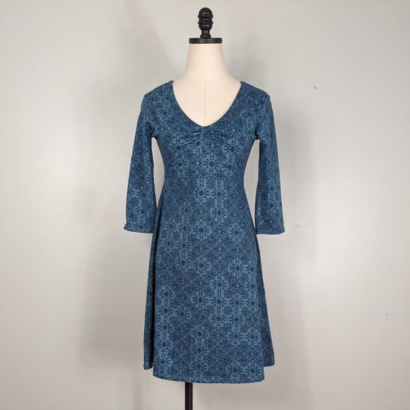 Toad & Co Rosalind Mini Dress S Blue Green 3/4 Sleeves Fit Flare Floral Knit - Picture 1 of 8
